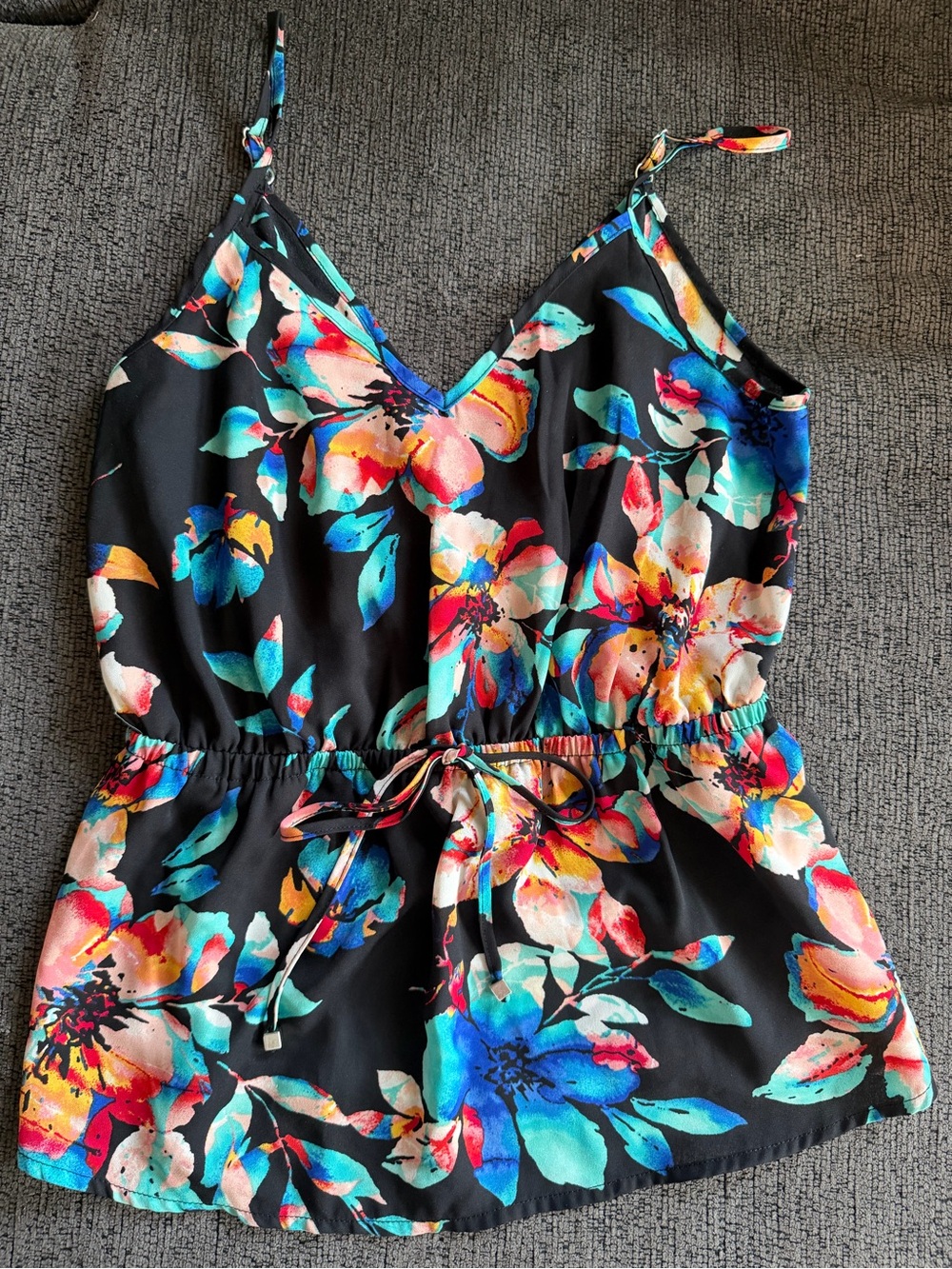 Girls Black Floral Drawstring Tank Top